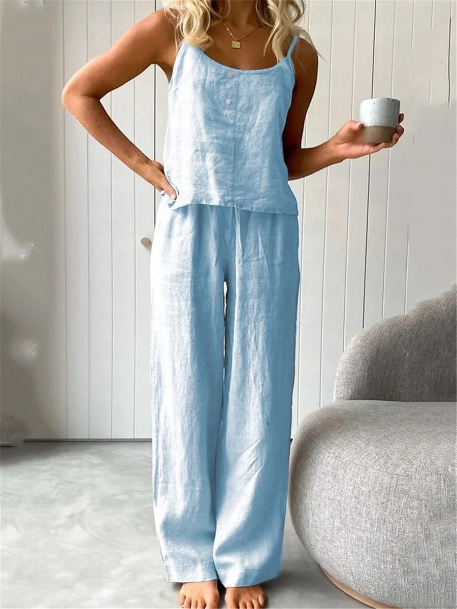 Conjuntos de pijama de dos piezas para mujer, sencillos, básicos, cómodos, de color puro, de algodón y lino, con tirantes, para uso diario en casa, para cama, sin mangas, con tirantes, en blanco, azul, gris claro, gris oscuro, para verano. 2025 - $33.99 –P1