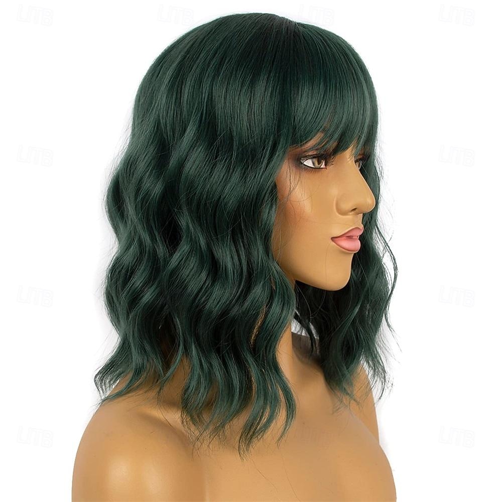 Perruques courtes bob vert foncé avec frange pour femmes perruque ondulée lâche perruque bouclée ondulée perruque synthétique de longueur d'épaule pour filles perruques de costume colorées perruques de 2025 ? $18.49 –P7