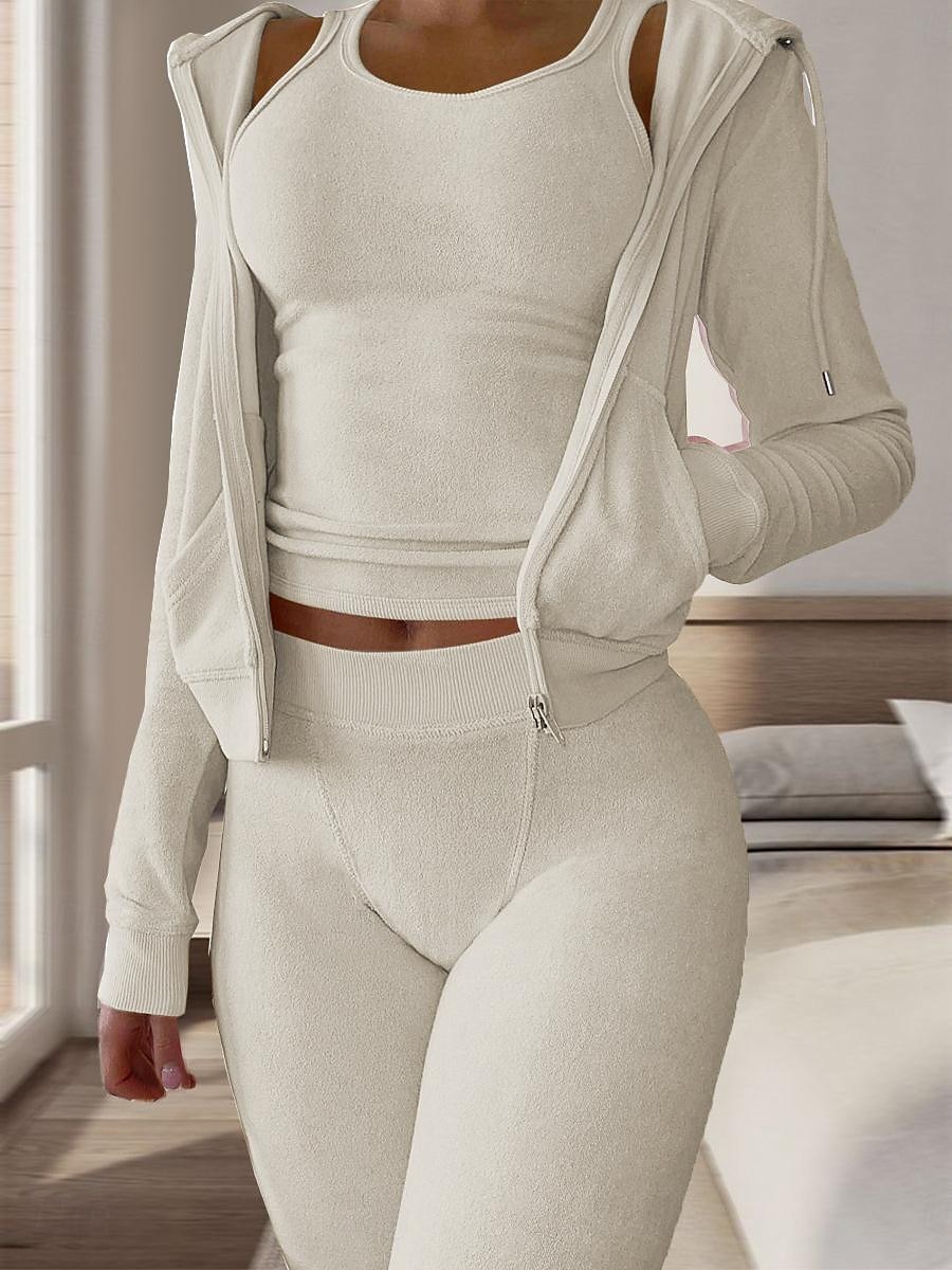 Women's Pajamas Sets 3 Pieces Pure Color Warm Fashion Plush Home Daily Bed Flannel Warm Breathable Hoodie Long Sleeve Hoodie Pant Fall Winter Home Outfits 2025 - $38.99 –P14