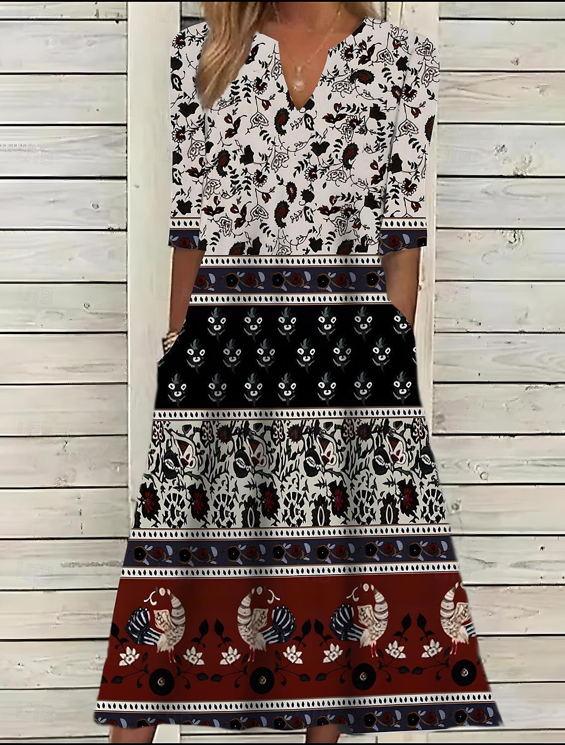 Mujer Vestido Midi Vestido Étnico Vestido de verano Vestido Estampado Vintage Étnico Tribal Exterior Diario Cita Ajuste regular Floral Tribal Media Manga cuello partido Negro Verano Primavera 2026 - $43.99 –P7