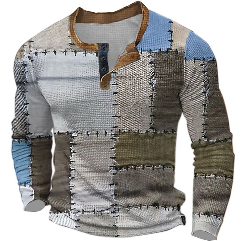 Ανδρικά Καρό Μοτίβο Faux Patchwork Πουκάμισο Henley Μπλουζάκι βάφλα Μακρυμάνικο 3D εκτύπωση Υψηλής Ποιότητας Ρετρό / Βίντατζ Καθημερινό Υπαίθρια Αθλήματα Αργίες Φεστιβάλ Άνοιξη & Χειμώνας 2026 - $26.99 –P4