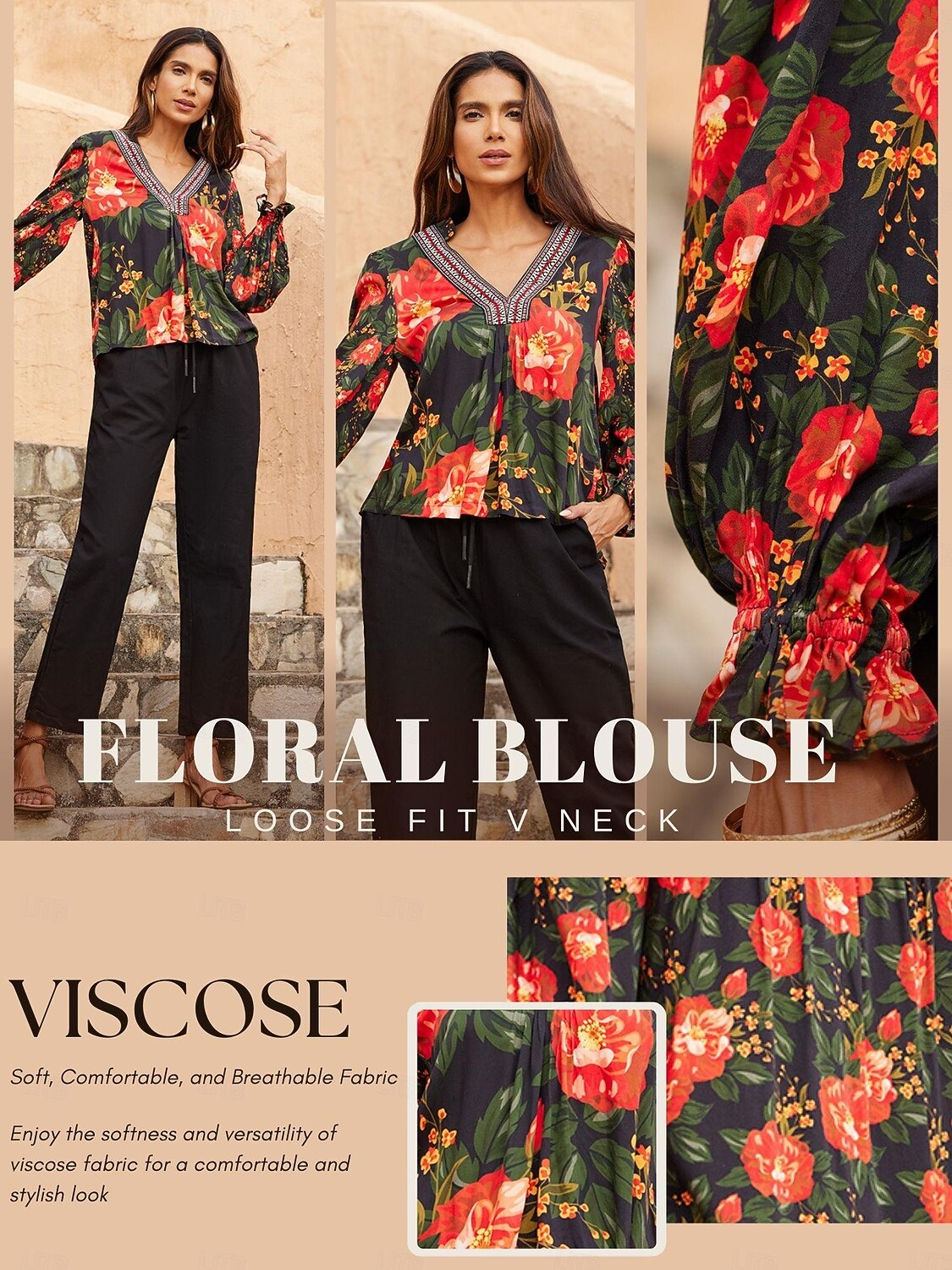 Midikleid aus floraler Spitze mit V-Ausschnitt und Puffärmeln 2026 - $34.99 –P1