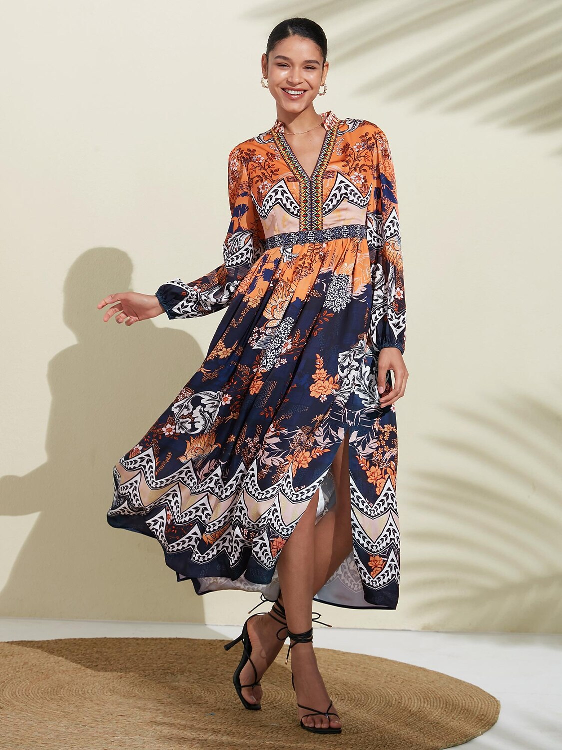 vestido boho floral con cuello en v y puños elásticos 2025 - $72.99 –P5
