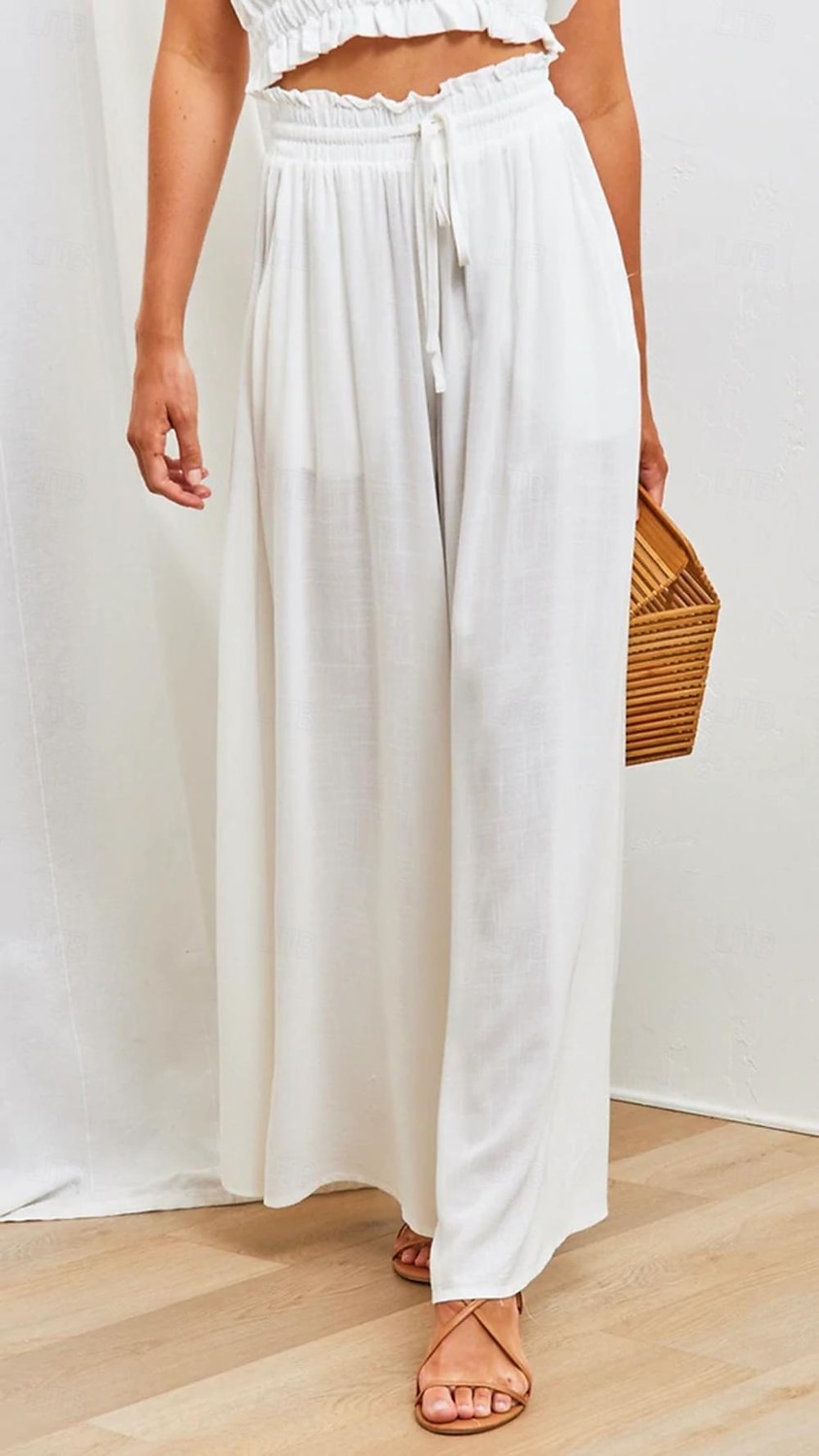 Femmes Jambe large Pantalon en coton et lin Pantalons Mode Longueur complète Trèfle Cordon de serrage Poches Latérales in in france they say Pontalon wide leg Respirabilité Confortable Non Elastique de 2025 ? $33.99 –P10