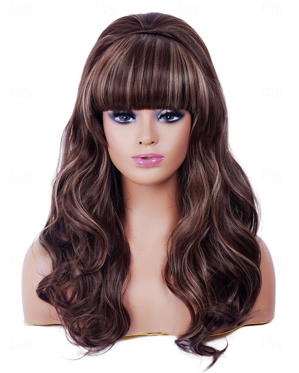 Lange braune Mischperücke mit Pony Retro Bouffant Duttperücken passend zu 80er Kostümen oder Karneval Partys Halloween Perücken 2025 - $23.99 –P6