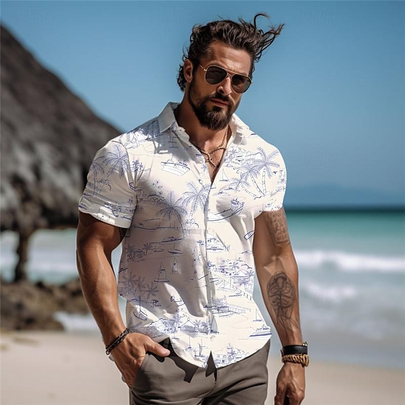 Voor heren Palmboom Tropische planten Overhemd Hawaiiaans overhemd Aloha-shirt Korte mouw Overhemd Vakantie Modieus Hawaii Buiten Vakantie Hawaii Blauw Hemelsblauw khaki S M L 2025 - $22.99 –P10