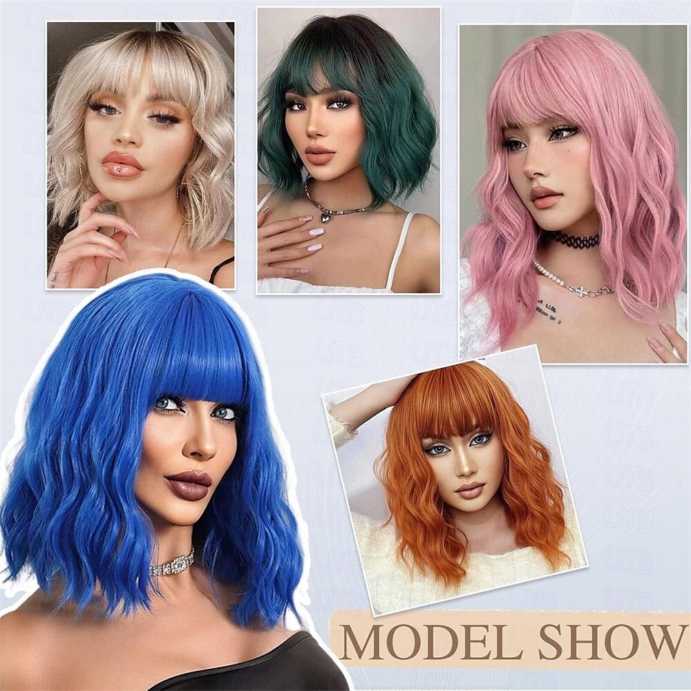Bob Wig With Bangs Short Wavy Blue Wig Women Synthetic Colored Bachelorette Wigs Shoulder Length Party Halloween Christmas Fun Cosplay Wigs 2025 - $26.99 –P6