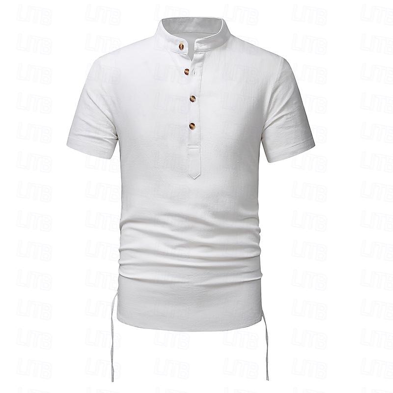 Hombre Camisa camisa de lino Camisa de lino de algodón Camisa de algodón blanca Camisa de cuello chino Camisa de cuello mandarín Plano Vacaciones Calle Negro Blanco Azul Marino Caqui Manga Corta 2025 - $30.99 –P2
