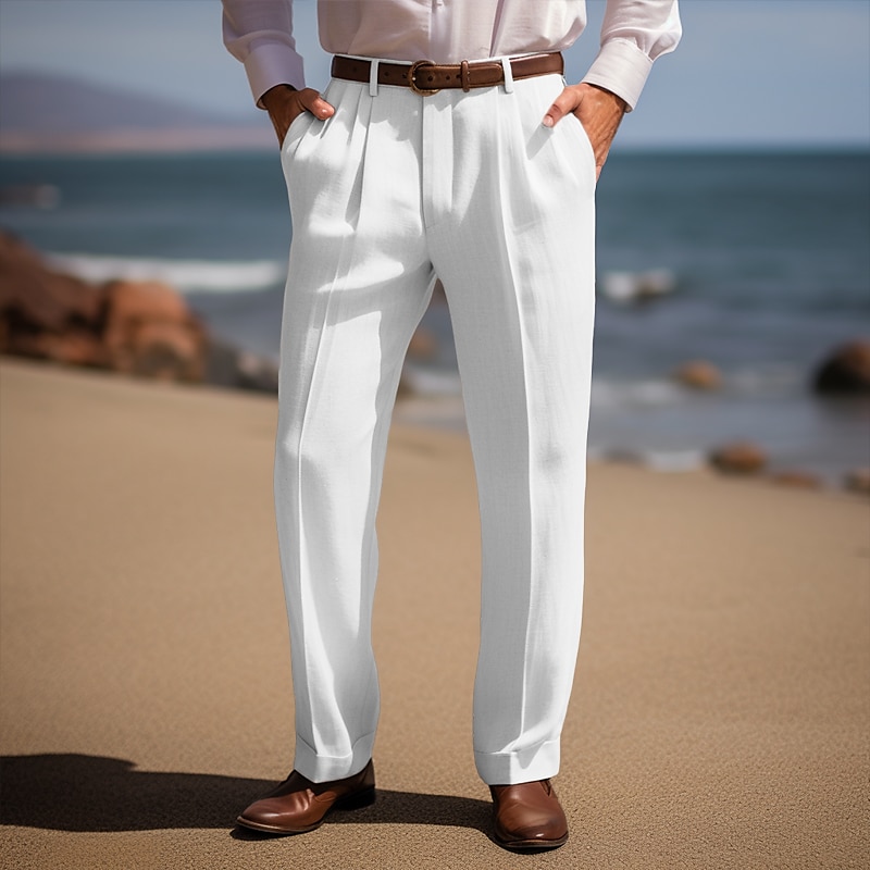 Men's Linen Pants Trousers Summer Pants Front Pocket Pleats Straight Leg Plain Comfort Breathable Casual Daily Holiday Fashion Basic Black White 2025 - $28.99 –P3