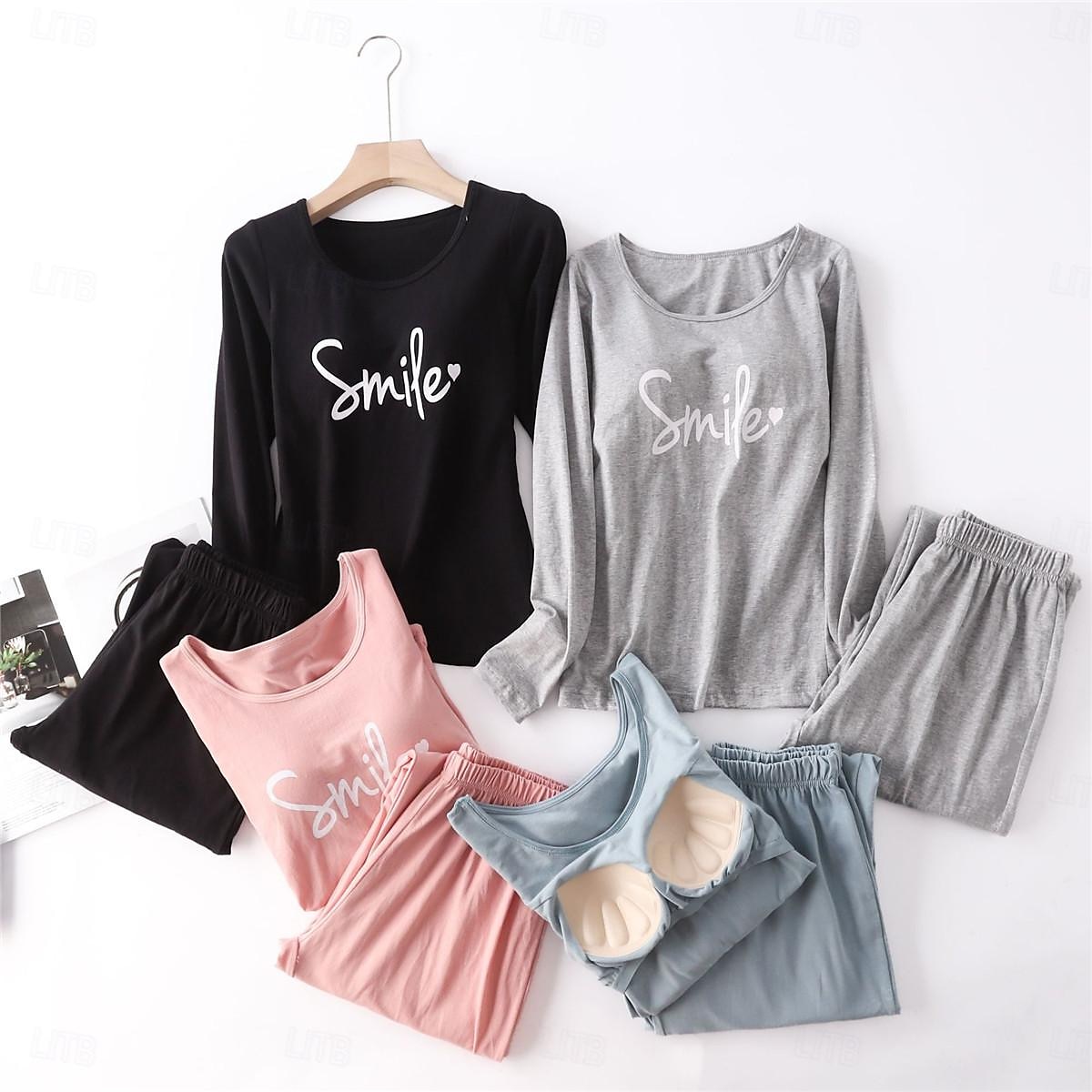 kvinnors pyjamasset brev mode komfort hem daglig säng bomull andas rund hals långärmad t-shirt t-shirt byxa bröstkuddar sommar vår hem outfits 2025 - $25.99 –P4