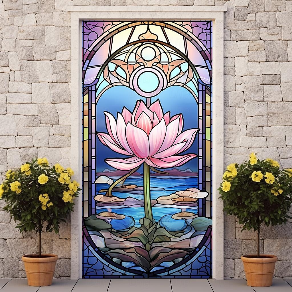 2026年 ステンドグラス蓮のドアカバー壁画装飾ドアタペストリードアカーテン装飾背景ドアバナー玄関ドア用取り外し可能屋内屋外ホームルーム装飾農家の装飾用品  コレクション – $26.99 –P3