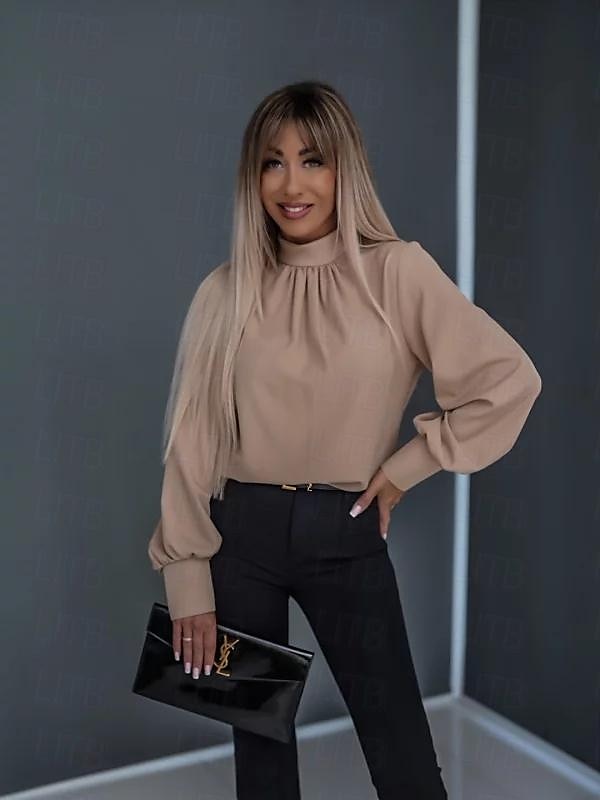 Overhemd Blouse Dames Zwart Wit Khaki Heldere kleur Gerimpeld Dagelijks Elegant Ronde Normale pasvorm S 2025 - $29.99 –P1