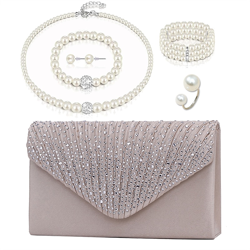 Bride Pearl Bracelet Necklace Earring Ring Handheld Bag Jewelry Set with 6 Diamond Set for Ladies 2025 - $33.99 –P1