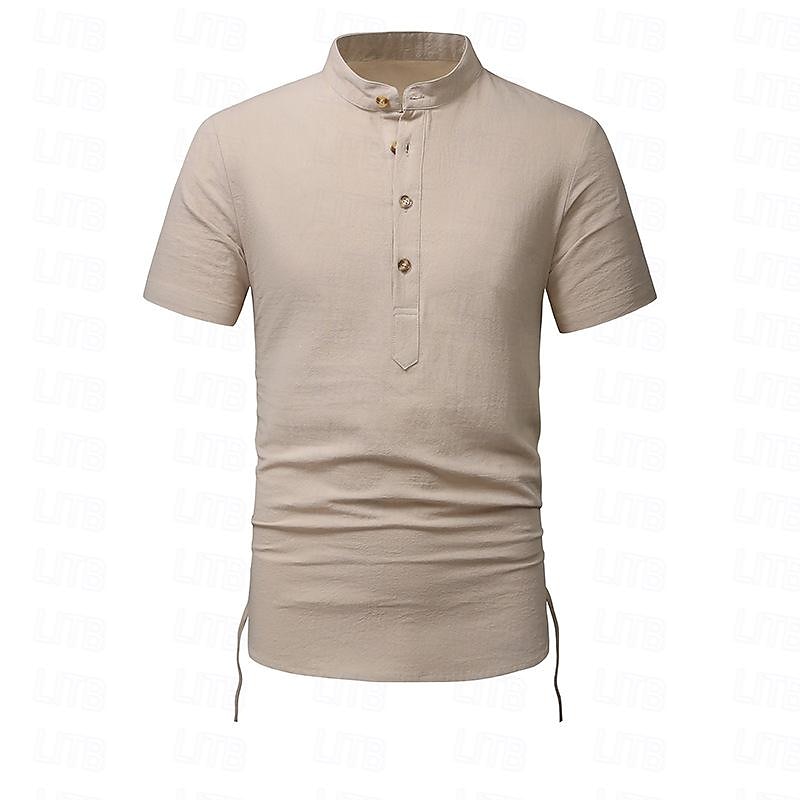 Hombre Camisa camisa de lino Camisa de lino de algodón Camisa de algodón blanca Camisa de cuello chino Camisa de cuello mandarín Plano Vacaciones Calle Negro Blanco Azul Marino Caqui Manga Corta 2025 - $30.99 –P10