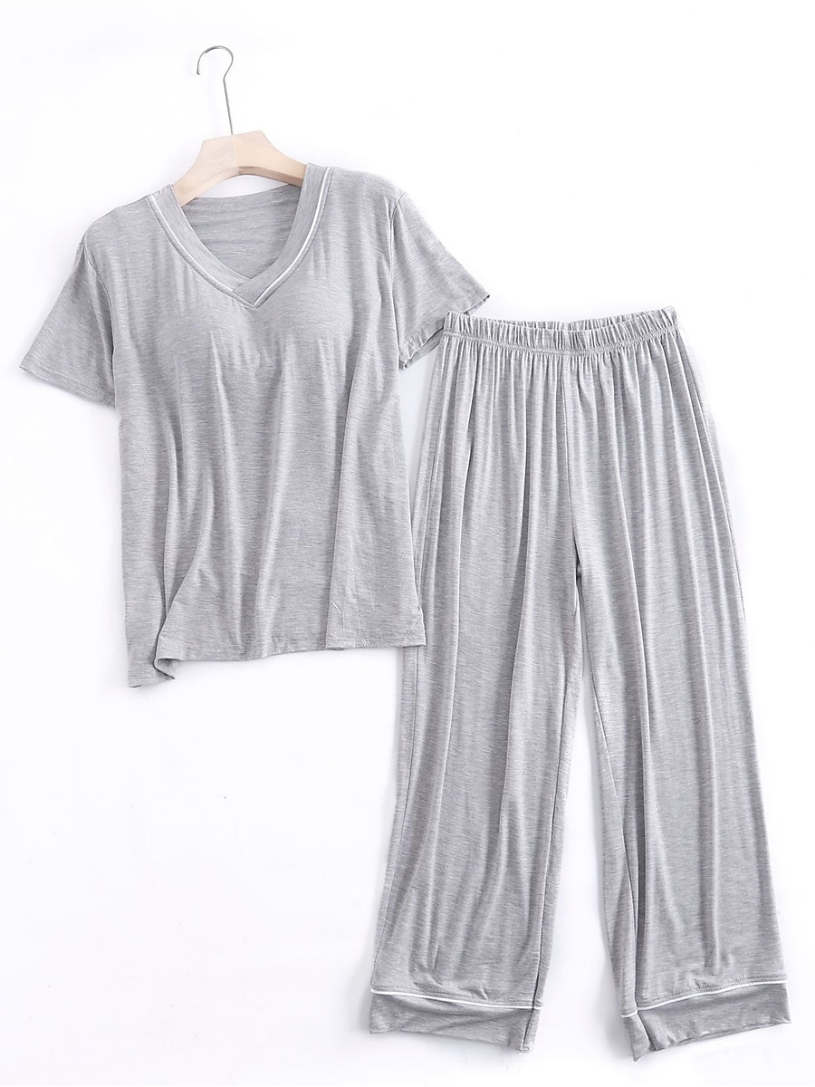 Women's Pajamas Sets Pure Color Fashion Simple Comfort Home Daily Bed Modal Breathable V Wire Short Sleeve T shirt Tee Pant Chest pads Summer Home Outfits 2025 - $29.99 –P1