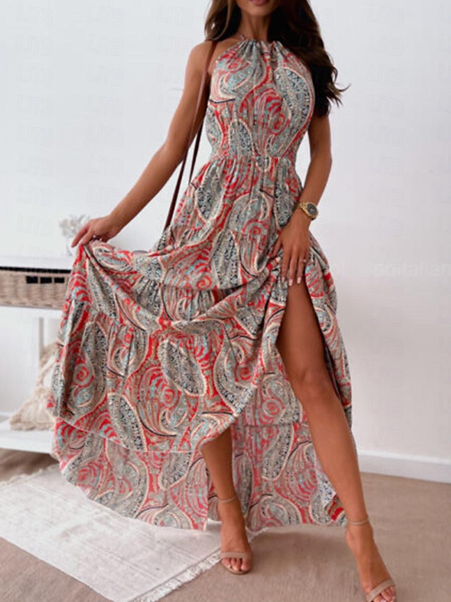 Dame Lang kjole Maxikjole Uformell kjole Boho elegante kjoler Boho-kjole Bohem Gatemote A-linje Feriereise Gate Ferie Normal Blomstret Paisly Ermeløs Grimehals Rød Blå Sommer 2025 - $39.99 –P5