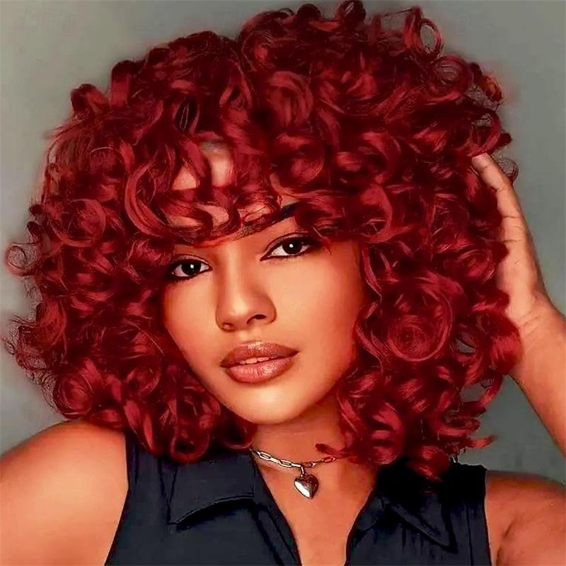 14 Zoll lockige Perücken für schwarze Frauen kurze lockige Perücke mit Pony große lockere süße krause lockige Haare synthetische weiche Perücken für täglichen Partys-Cosplay Halloween-Perücken 2025 - $21.99 –P7