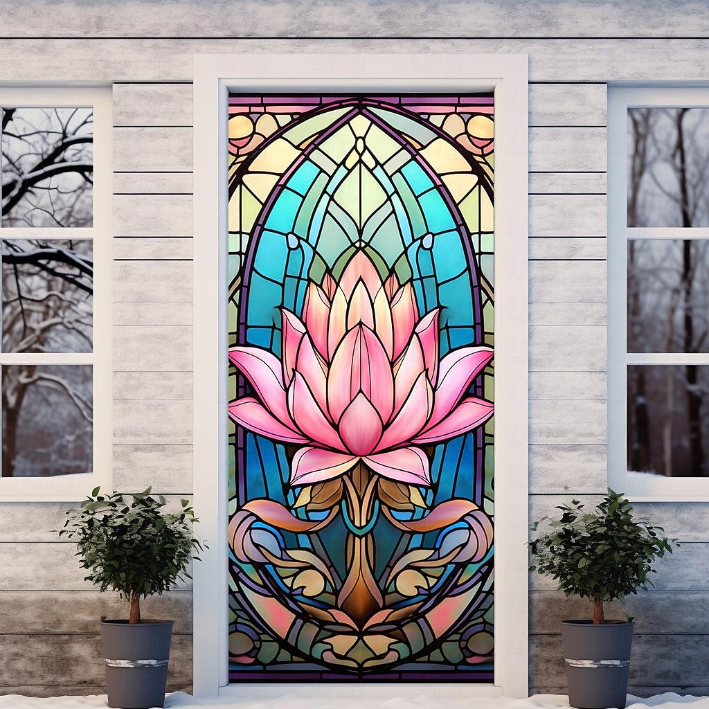 2026年 ステンドグラス蓮のドアカバー壁画装飾ドアタペストリードアカーテン装飾背景ドアバナー玄関ドア用取り外し可能屋内屋外ホームルーム装飾農家の装飾用品  コレクション – $26.99 –P8