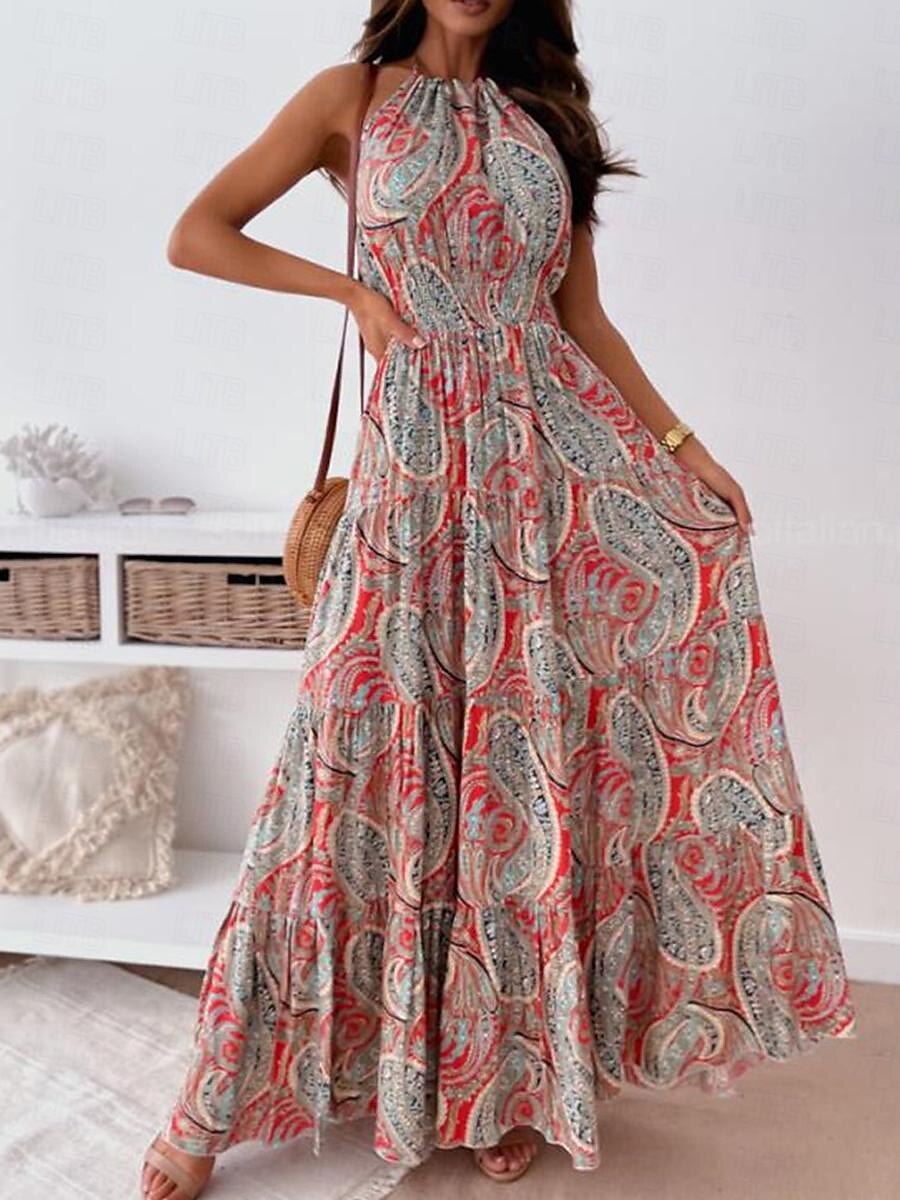 Dame Lang kjole Maxikjole Uformell kjole Boho elegante kjoler Boho-kjole Bohem Gatemote A-linje Feriereise Gate Ferie Normal Blomstret Paisly Ermeløs Grimehals Rød Blå Sommer 2025 - $39.99 –P2