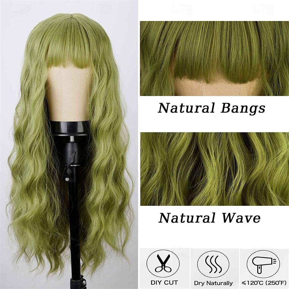 Green Wig with Bangs Soft Long Wavy Wigs for Women Curly Synthetic Fiber Wig Replacement Halloween Costumes Cosplay Party Wigs St.Patrick's Day Wigs 2025 - $21.99 –P10