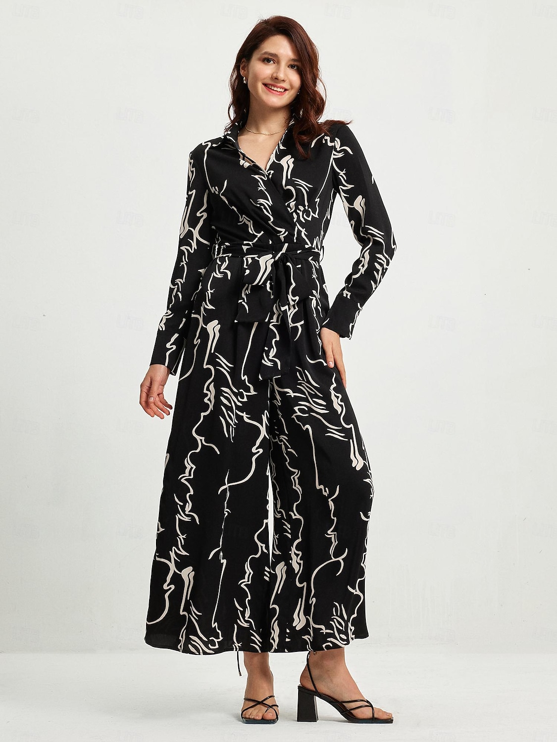 marmor graffiti playsuit skjortekrage langermet jumpsuit 2025 - $58.99 -P1