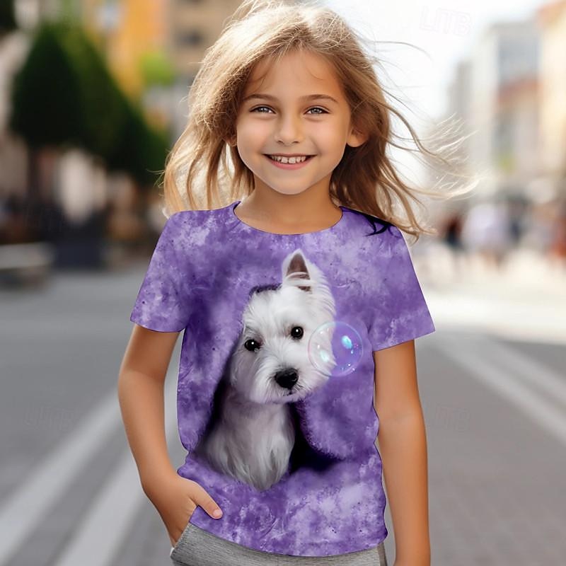 Tricou 3D pentru fete, model câine, roz, cu mânecă scurtă, imprimare 3D, vară, modă, drăguț, poliester, copii 4-12 ani, guler rotund, exterior, casual, zilnic, croială standard 2025 - $11.99 –P2