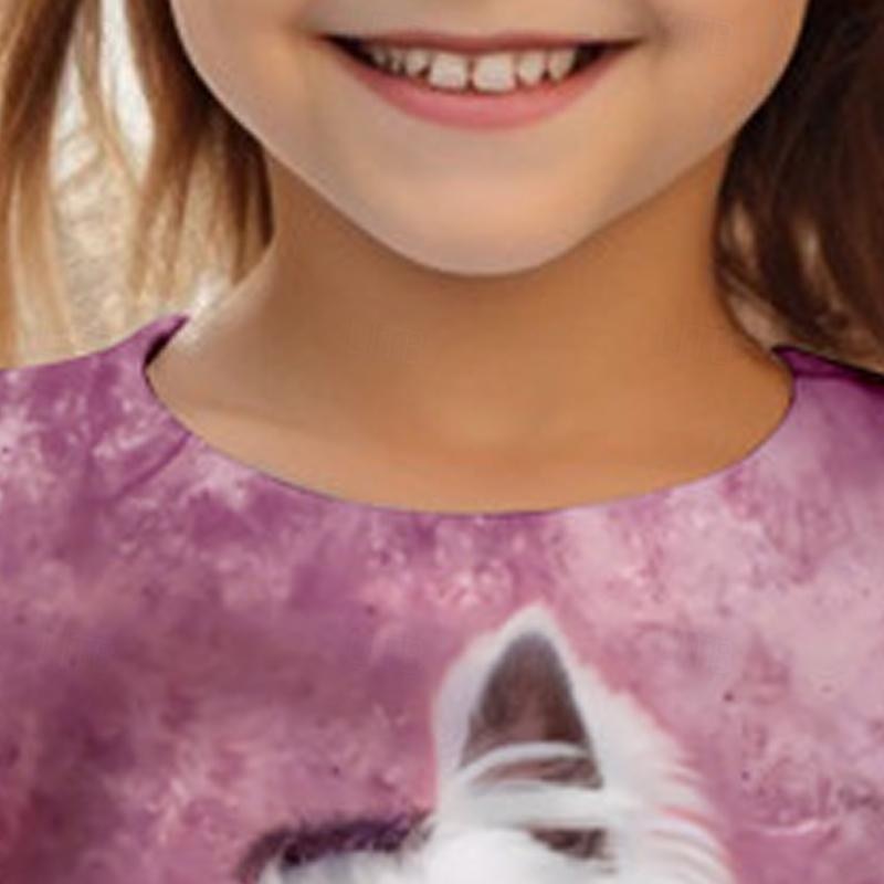 Tricou 3D pentru fete, model câine, roz, cu mânecă scurtă, imprimare 3D, vară, modă, drăguț, poliester, copii 4-12 ani, guler rotund, exterior, casual, zilnic, croială standard 2025 - $11.99 –P7
