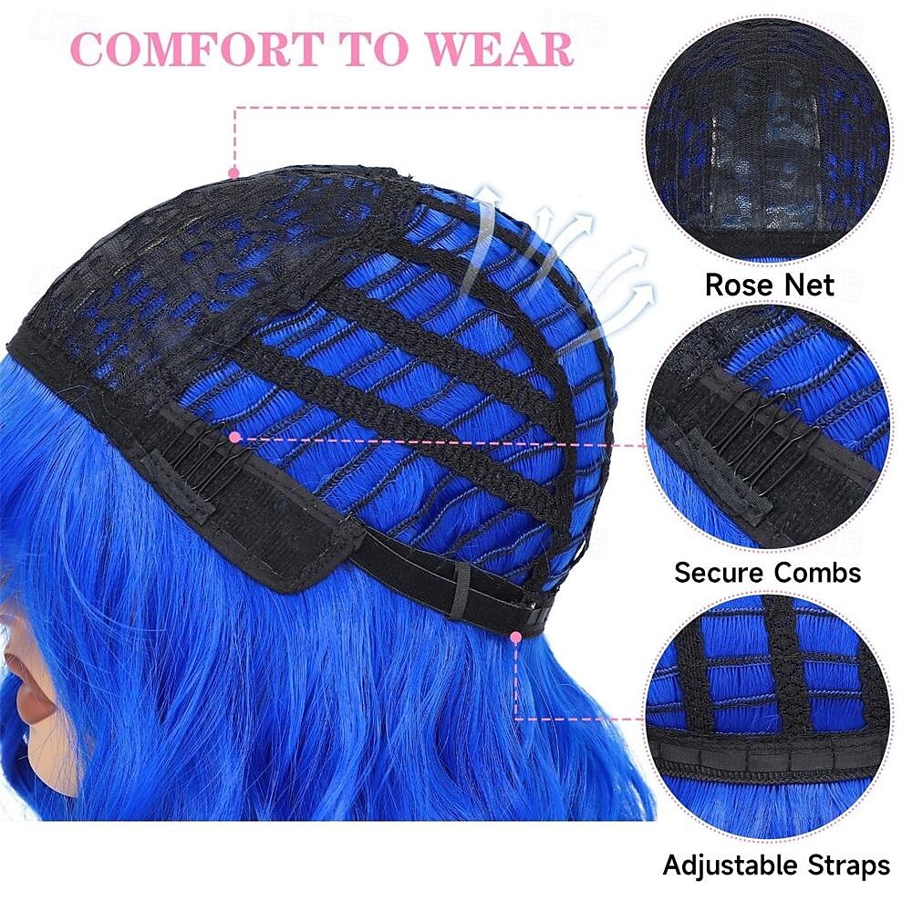 Bob Wig With Bangs Short Wavy Blue Wig Women Synthetic Colored Bachelorette Wigs Shoulder Length Party Halloween Christmas Fun Cosplay Wigs 2025 - $26.99 –P4