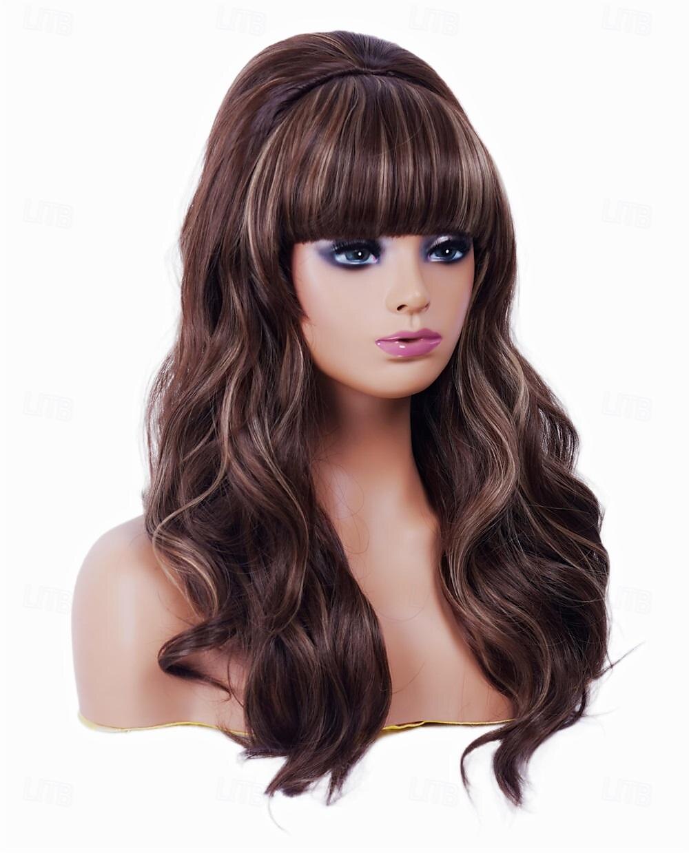 Lange braune Mischperücke mit Pony Retro Bouffant Duttperücken passend zu 80er Kostümen oder Karneval Partys Halloween Perücken 2025 - $23.99 –P3