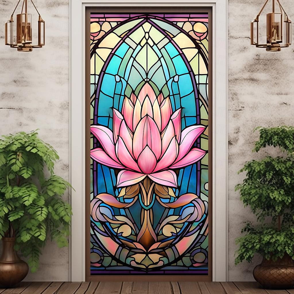 2026年 ステンドグラス蓮のドアカバー壁画装飾ドアタペストリードアカーテン装飾背景ドアバナー玄関ドア用取り外し可能屋内屋外ホームルーム装飾農家の装飾用品  コレクション – $26.99 –P5