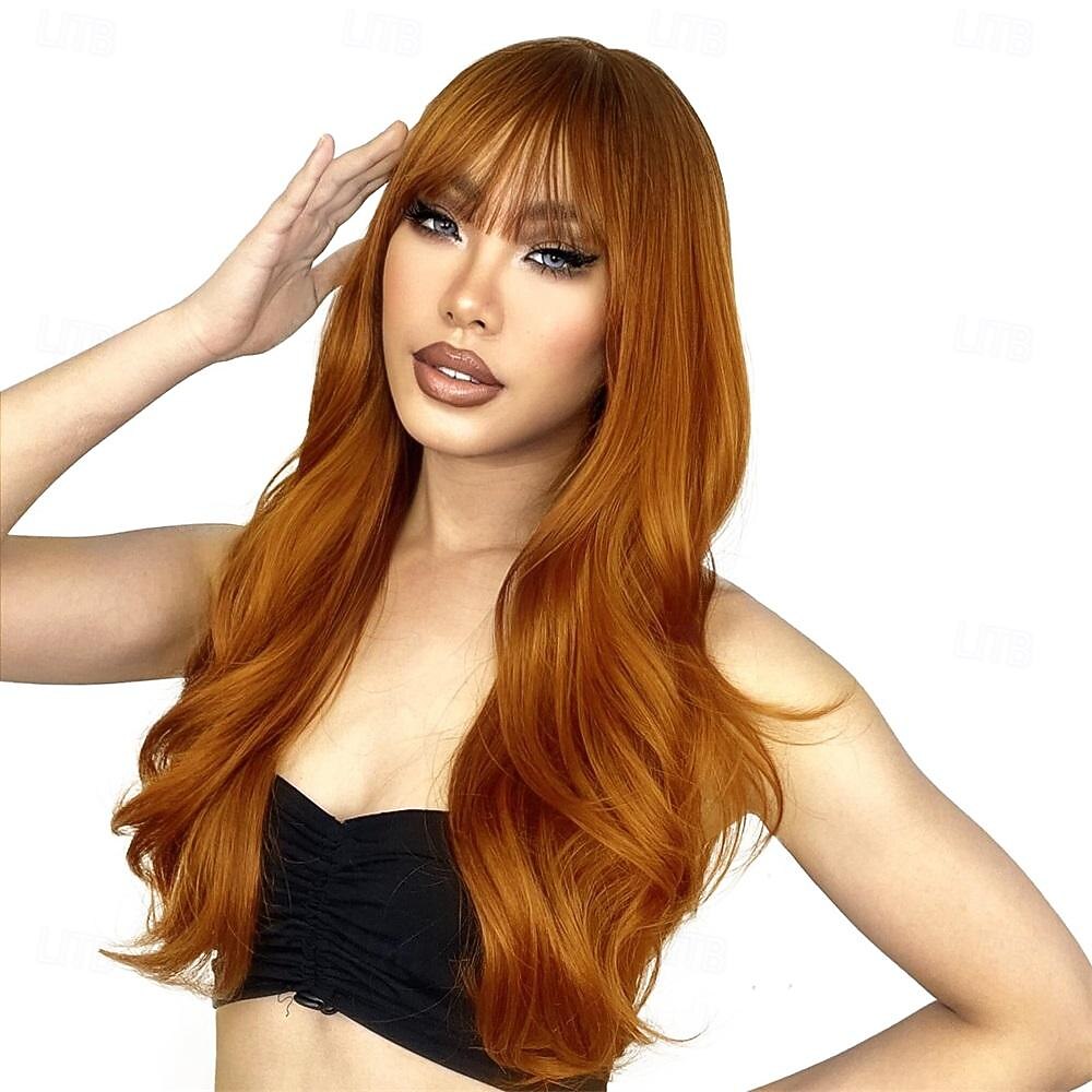 parrucca ramata con frangia parrucche di capelli naturali per le donne parrucca lunga a strati per le ragazze radici scure parrucca rame rosso ombre resistente al calore parrucca sintetica arancione del 2025 a $32.99 –P7