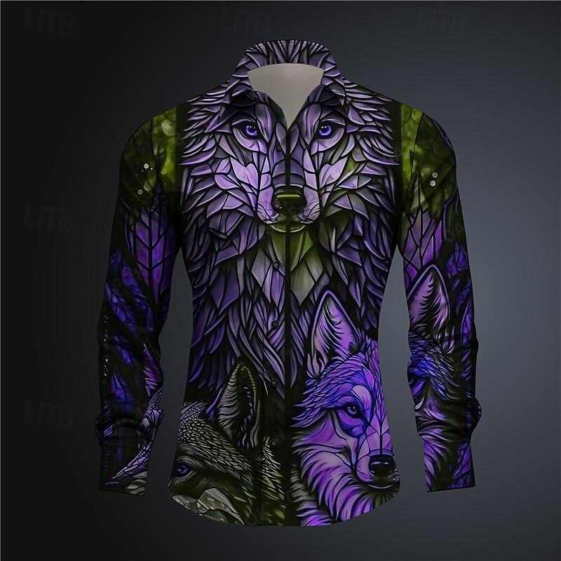 Herren Farbblock Wolf Mehrfarbig Knopfhemd Bedruckte Hemden Langarm Subkulturell Urlaub Party Strasse Frühling Sommer Umlegekragen Bedruckt Button-Down Rosa Blau Purpur Grün 2025 - $24.99 –P5