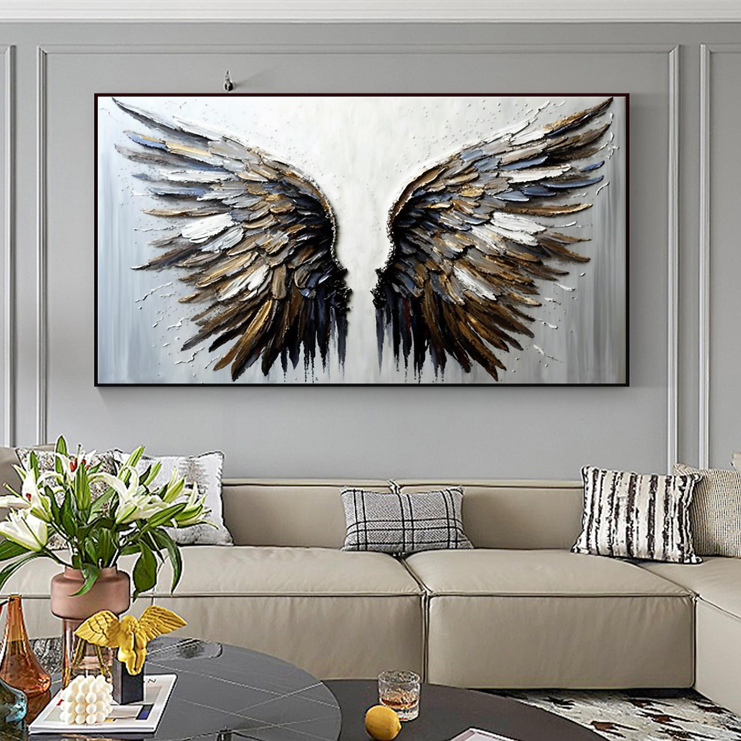 Handmade Original Angel Wing Oil Painting On Canvas Wall Art Decor Abstract Minimalist black Painting for Home Decor With Stretched Frame/Without Inner Frame Painting 2025 - $131.99 –P9