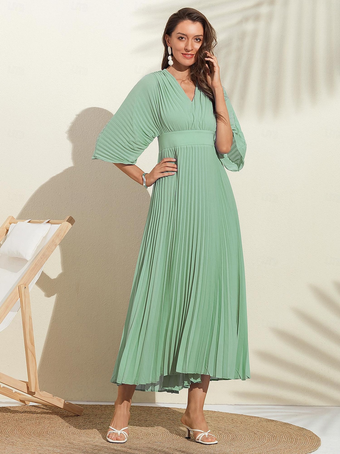 robe d'invité de mariage pour femme maxi bleu col en v manches dolman plissée en mousseline de soie de 2025 ? $82.99 –P11