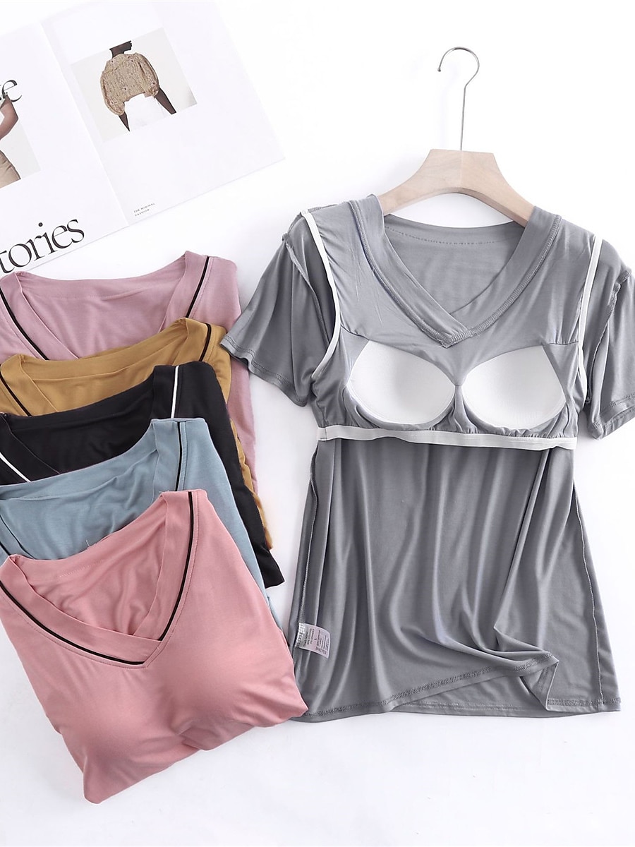 Women's Pajamas Sets Pure Color Fashion Simple Comfort Home Daily Bed Modal Breathable V Wire Short Sleeve T shirt Tee Pant Chest pads Summer Home Outfits 2025 - $29.99 –P11