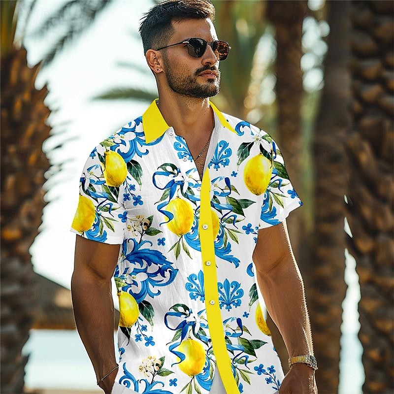Homme Citron Chemise Chemise hawaïenne Chemise Aloha Manche Courte Chemise Col rabattu Vacances Hawaïen Extérieur Vacances Hawaïen Jaune Bleu Violet S M L de 2025 ? $24.99 –P1