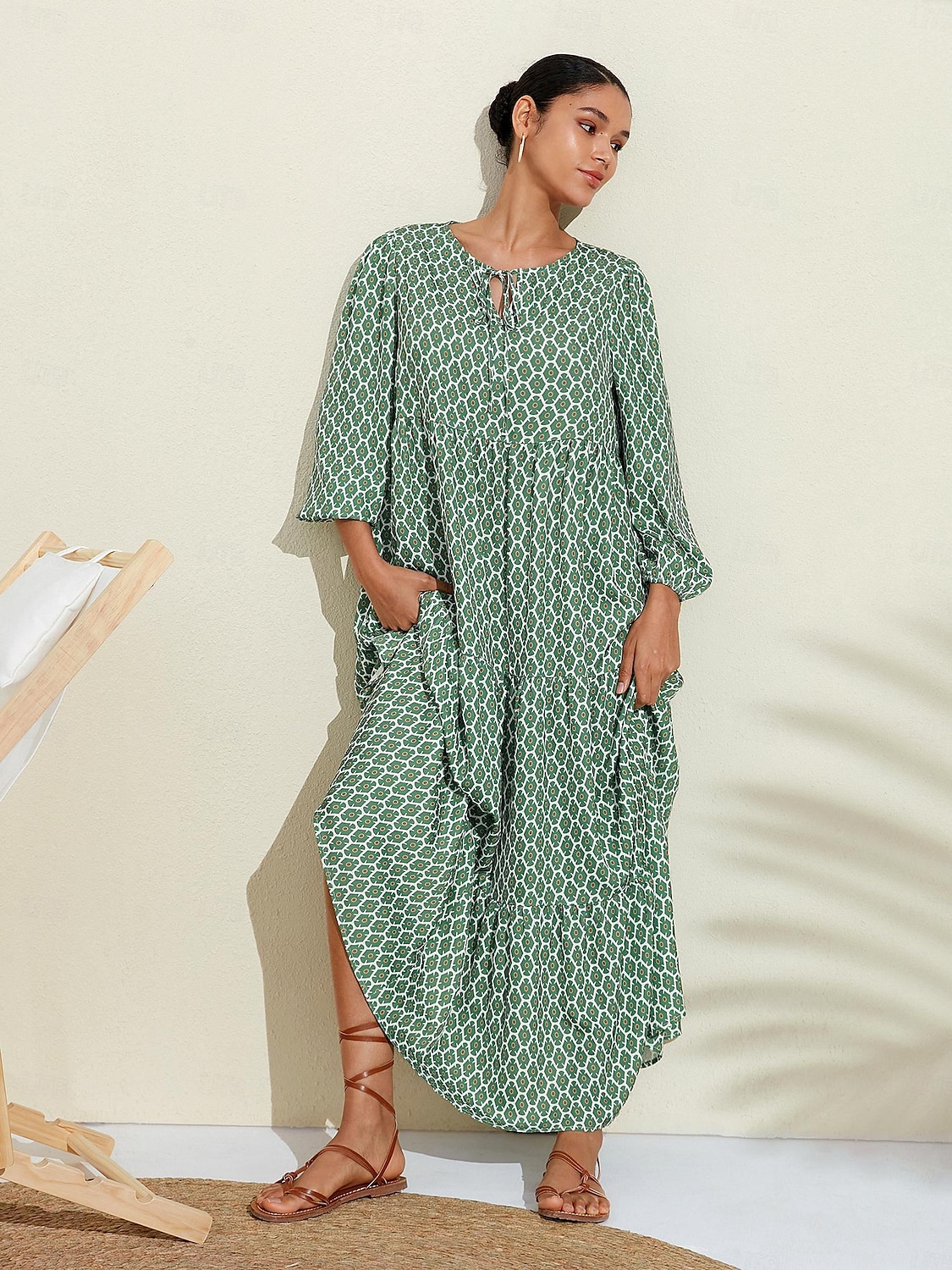 Per donna Abito linea A Orlo maxi Vestito maxi Verde Manica lunga Geometrico geometrico geometrico Primavera A V Vestito con motivo Stile di moda semplice Da mare S M L del 2025 a $72.99 –P1