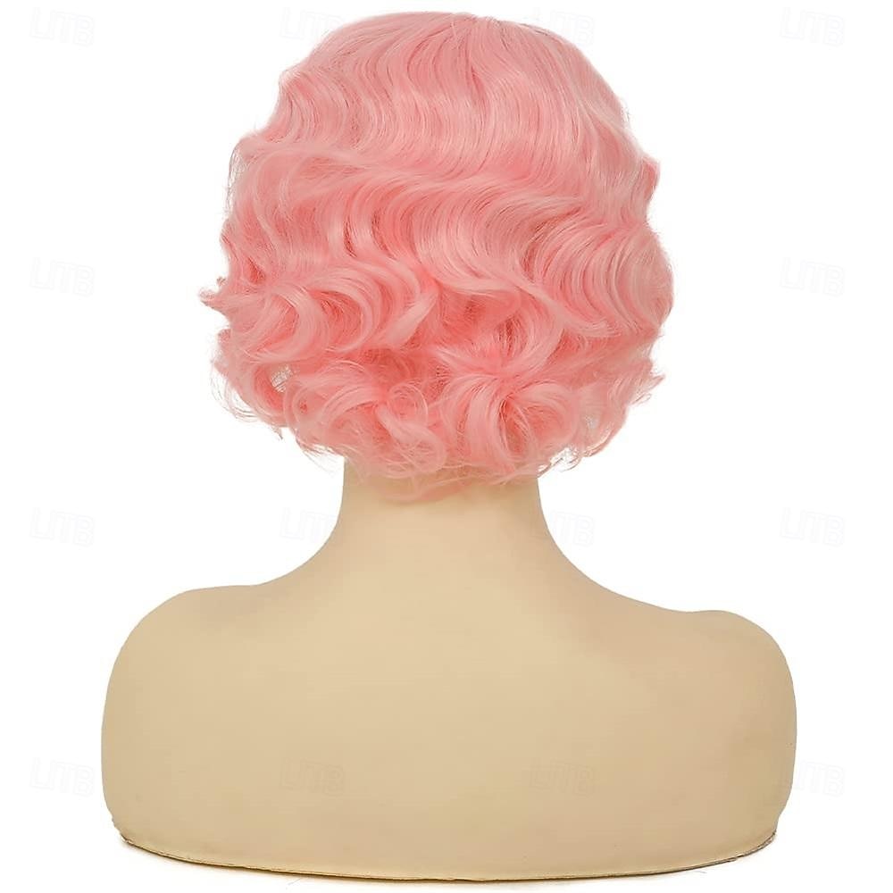 Kort rosa lockig peruk för kvinnor 1920-talets finger-våg hårperuk mjuk syntetisk värmeresistent cosplay kostym festperuk Halloween peruker 2025 - $18.49 –P3