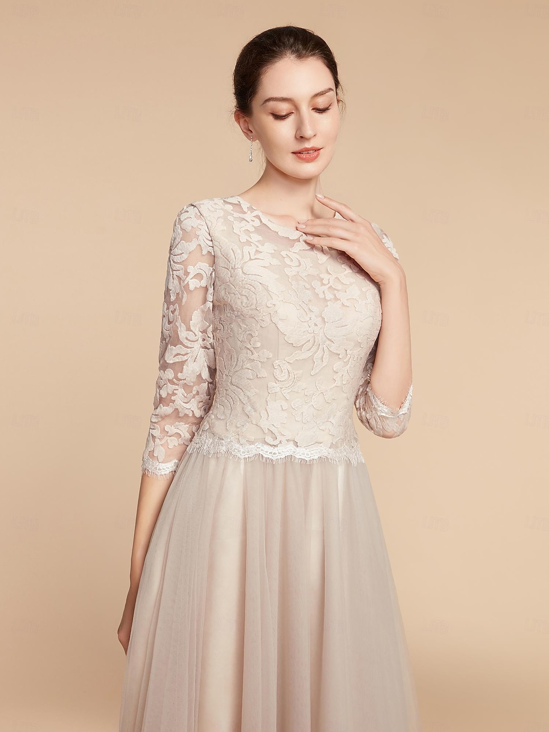 A-Line Mother of the Bride Dress Wedding Guest Elegant Petite Crew Neck Knee Length Lace Tulle Half Sleeve with Pleats Solid Color 2025 2025 - $61.99 –P1