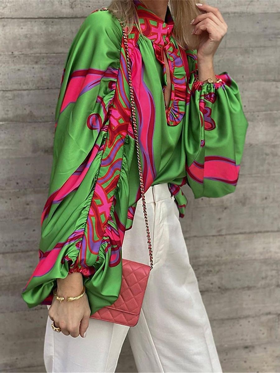 Damenhemd Boho-Hemd Bluse Bauernbluse Boho-Print Langarm normale Oberteile lässig Urlaub grün Sommer Frühling 2025 - $32.99 –P2