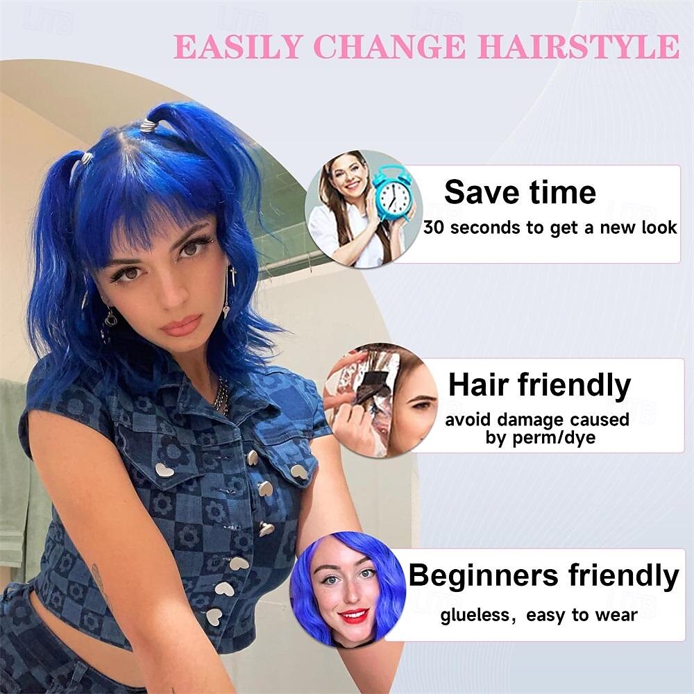 Bob Wig With Bangs Short Wavy Blue Wig Women Synthetic Colored Bachelorette Wigs Shoulder Length Party Halloween Christmas Fun Cosplay Wigs 2025 - $26.99 –P5