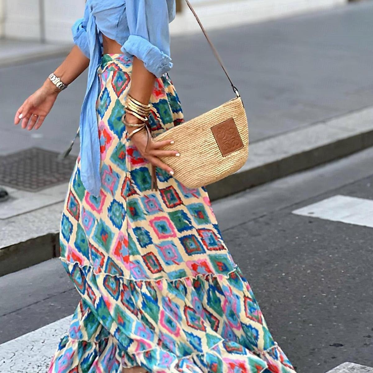 damkjol en linje gunga bohemia maxi hög midja kjolar med blommönster geometriskt rutigt gatesemester sommar casual boho blå 2025 - $23.99 –P3
