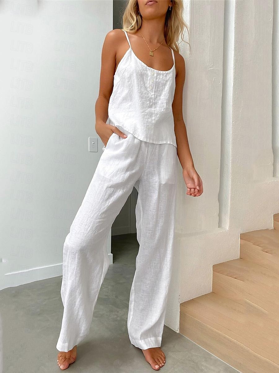 Conjuntos de pijama de dos piezas para mujer, sencillos, básicos, cómodos, de color puro, de algodón y lino, con tirantes, para uso diario en casa, para cama, sin mangas, con tirantes, en blanco, azul, gris claro, gris oscuro, para verano. 2025 - $33.99 –P4