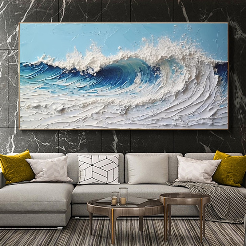 met de hand geschilderd minimalistisch oceaanschilderij op canvas 3D-getextureerde muurkunst aardetint zeegolven muurkunst woonkamer schilderij mode kamer decor geen frame 2025 - $139.99 –P9