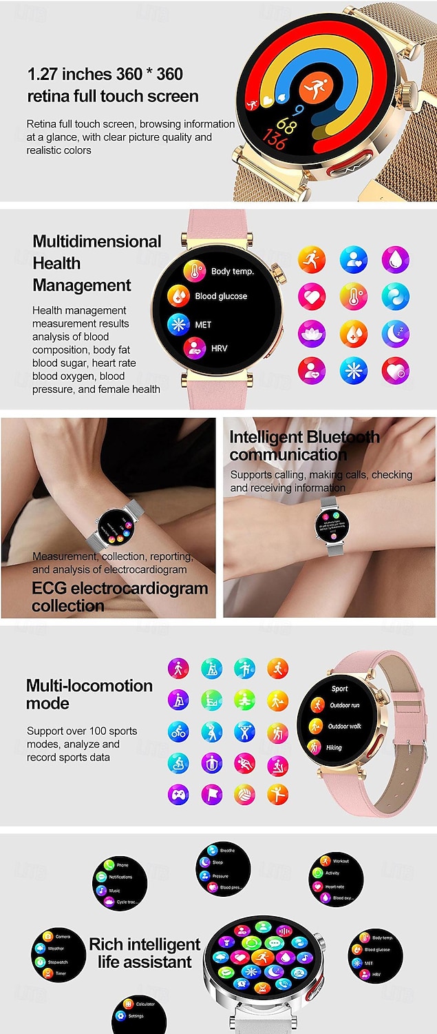 2025年 iMosi ECG PPG女性用スマートウォッチ 1.27インチフルタッチスクリーンBluetooth通話温度モニターペドメーターAndroid iOS対応ハンズフリー通話防水IP68  コレクション – $78.99 –P2