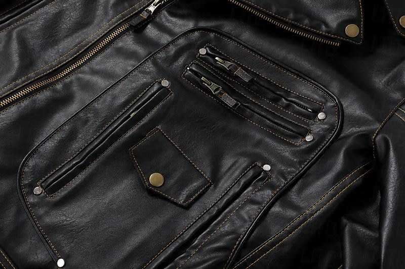 Herren Kunstlederjacke Bikerjacke Vintage Lederjacke Straße Motorrad Thermowarm Tasche Frühling & Herbst Einfarbig Streetwear Lässig Umlegekragen Regulär Kunstleder Schwarz Braun Jacken 2026 - $91.99 –P12