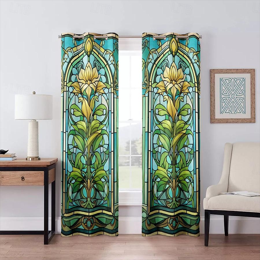 2 painéis 100% cortina blackout com padrão de vitral cortinas para sala de estar quarto cozinha tratamentos de janela com isolamento térmico escurecimento do quarto de 2025 por $37.99 –P1