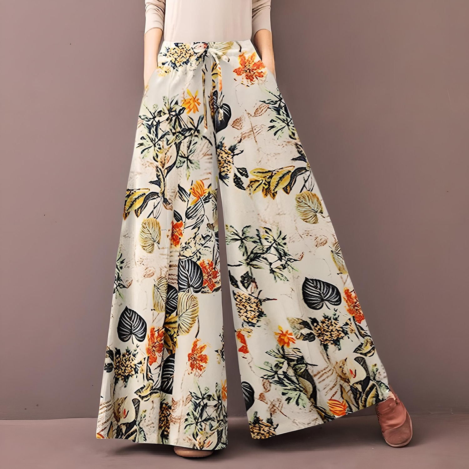 Damen Normal Weite Hosenbeine Weites Bein Hosen Hose Baggy-Hosen Mode Volle Länge Mittlere Taille Blume / Blumenmuster Seitentaschen Baggy Hoher Schnitt Komfort Unelastisch Lässig Wochenende Gelb 2026 - $26.99 –P5