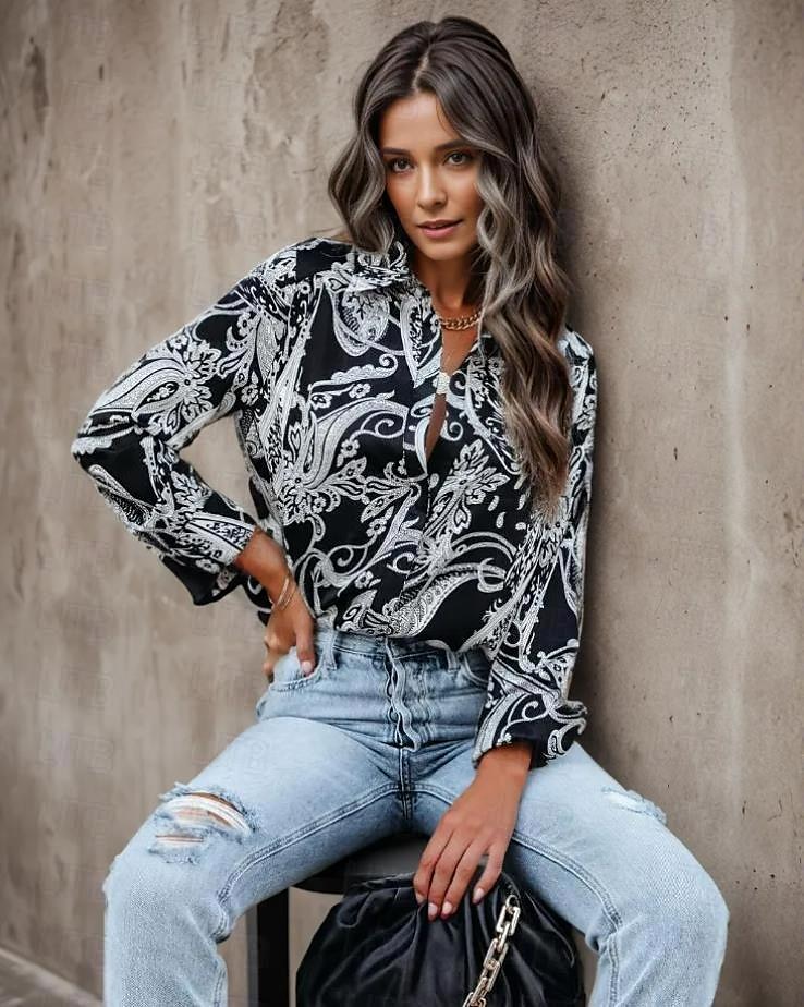 Chemise Femme Manches Longues Blouse à Boutons Mode Imprimé Paisley Classique Regular Tops Col Chemise Décontracté Noir Printemps  Automne de 2025 ? $26.99 –P2