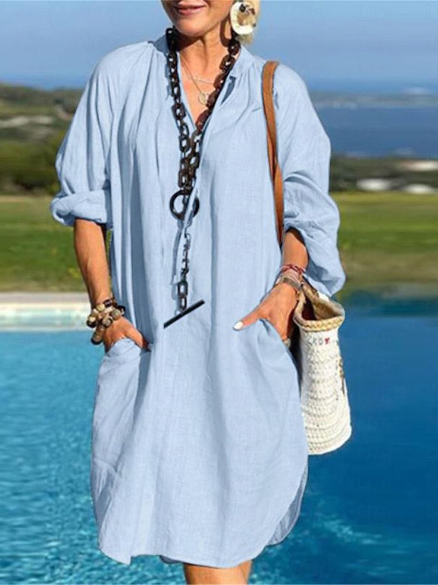 Women's Black Blue Brown Summer Spring Mini Dress Cotton Linen Dresses Shirt Dress Casual Dress Basic Modern Daily Weekend Loose Fit Plain Split Neck 2025 - $26.99 –P3